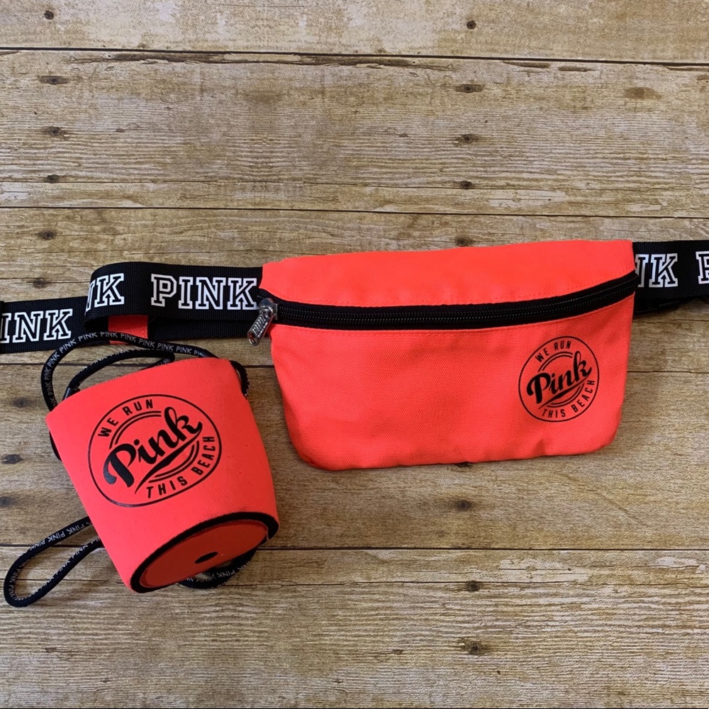 NEW PINK neon orange fanny pack and koozie